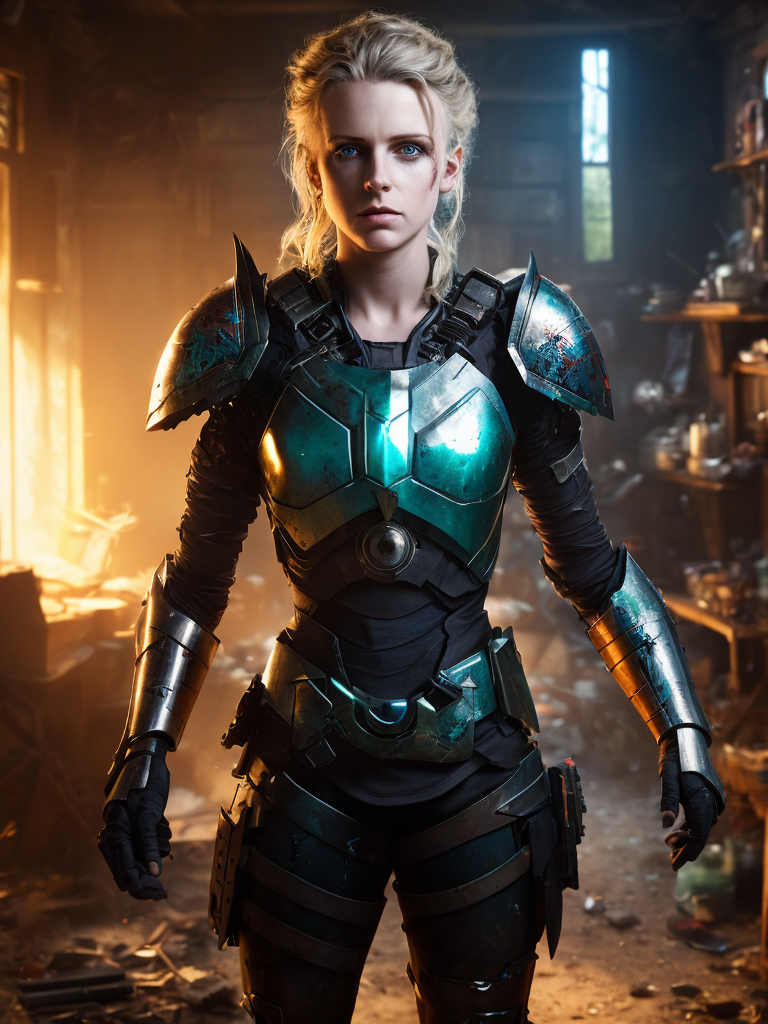 dark and gloomy full body 8k unity render, female teen cyborg, Blue yonder hair, wearing broken battle armor, at cluttered...